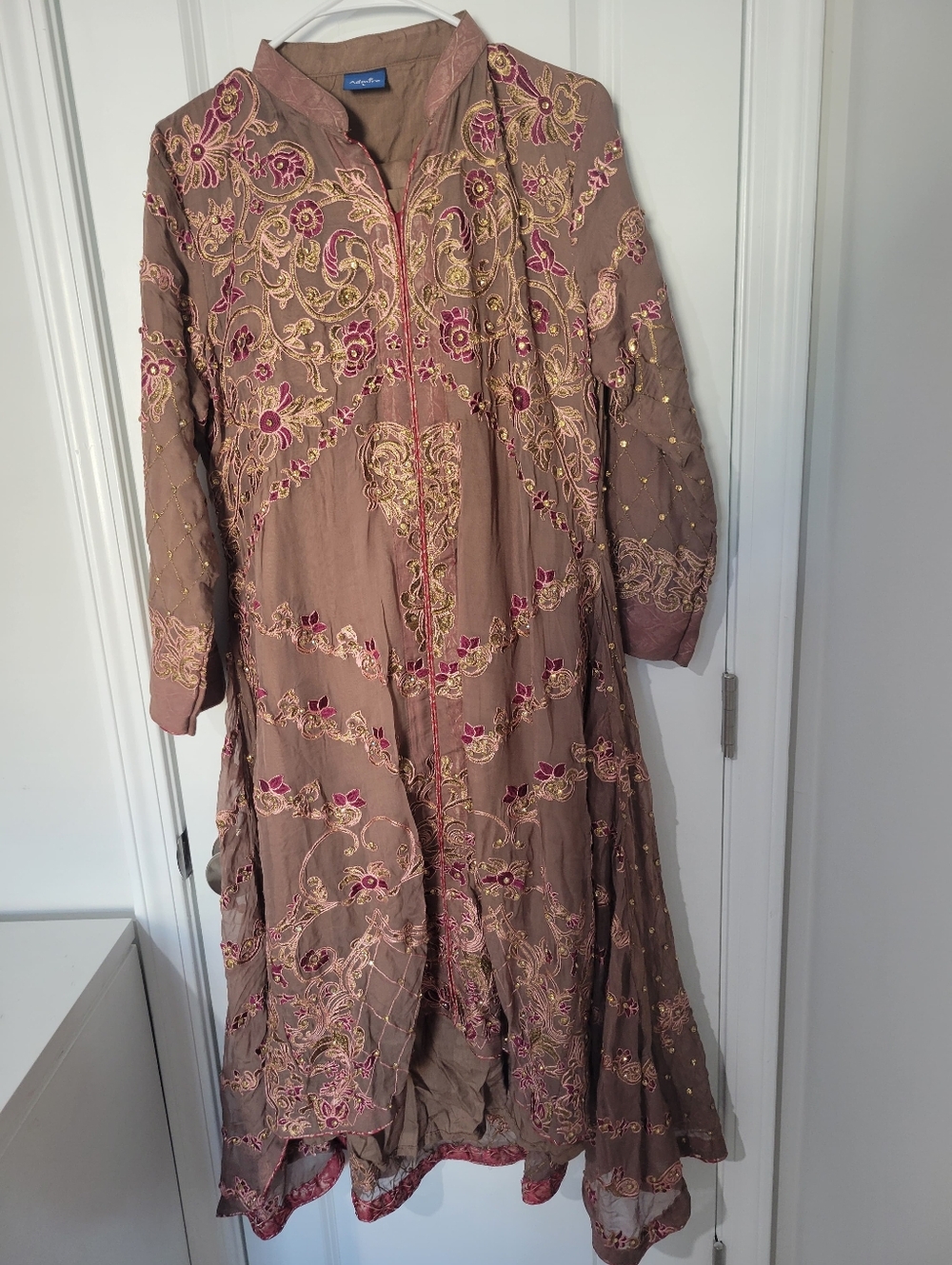 Pakistani Indian Dress 3 Pc Mauve Long Jacket with Gold & Pink Detailing